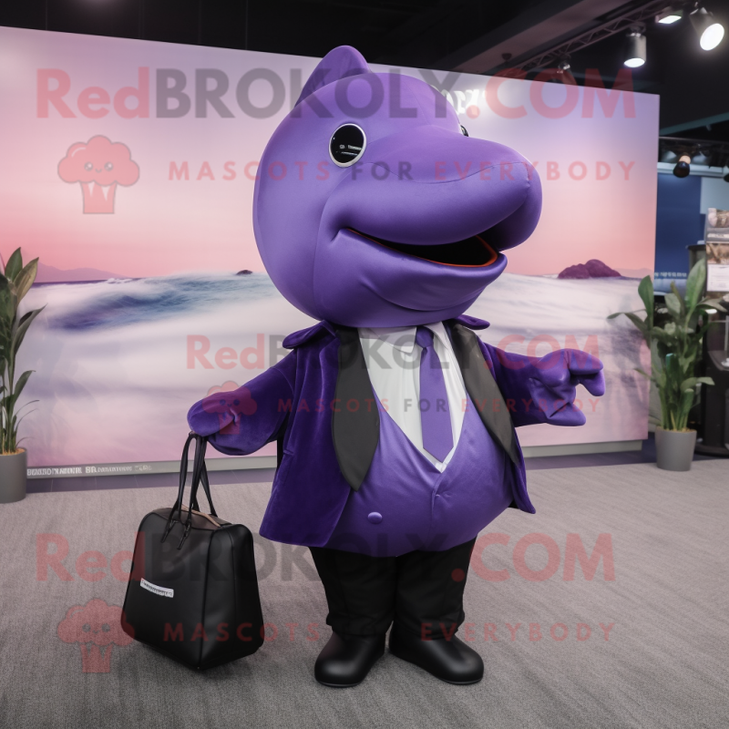 Purple Whale mascot costume character dressed with a Tuxedo and Tote bags