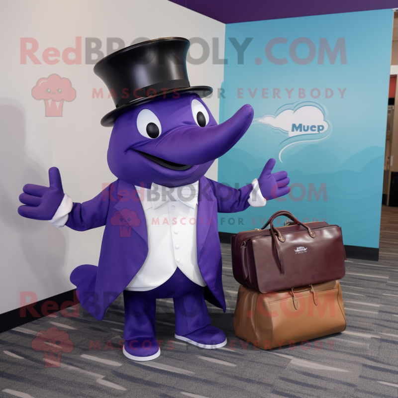 Purple Whale mascot costume character dressed with a Tuxedo and Tote bags