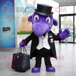 Purple Whale mascot costume character dressed with a Tuxedo and Tote bags
