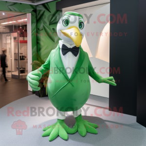 Green Albatross mascot costume character dressed with a A-Line Dress and Bow ties