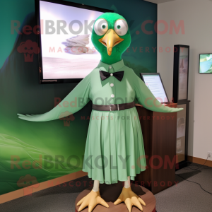 Green Albatross mascot costume character dressed with a A-Line Dress and Bow ties