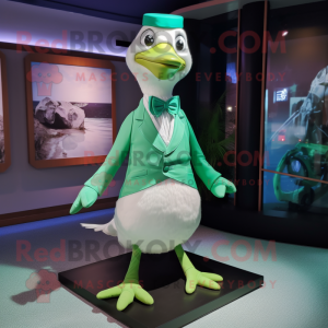 Green Albatross mascot costume character dressed with a A-Line Dress and Bow ties