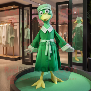Green Albatross mascot costume character dressed with a A-Line Dress and Bow ties