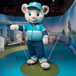 Cyan Tightrope Walker mascot costume character dressed with a Rugby Shirt and Belts