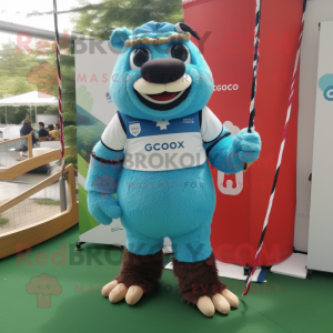 Cyan Tightrope Walker mascot costume character dressed with a Rugby Shirt and Belts