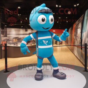 Cyan Tightrope Walker mascot costume character dressed with a Rugby Shirt and Belts