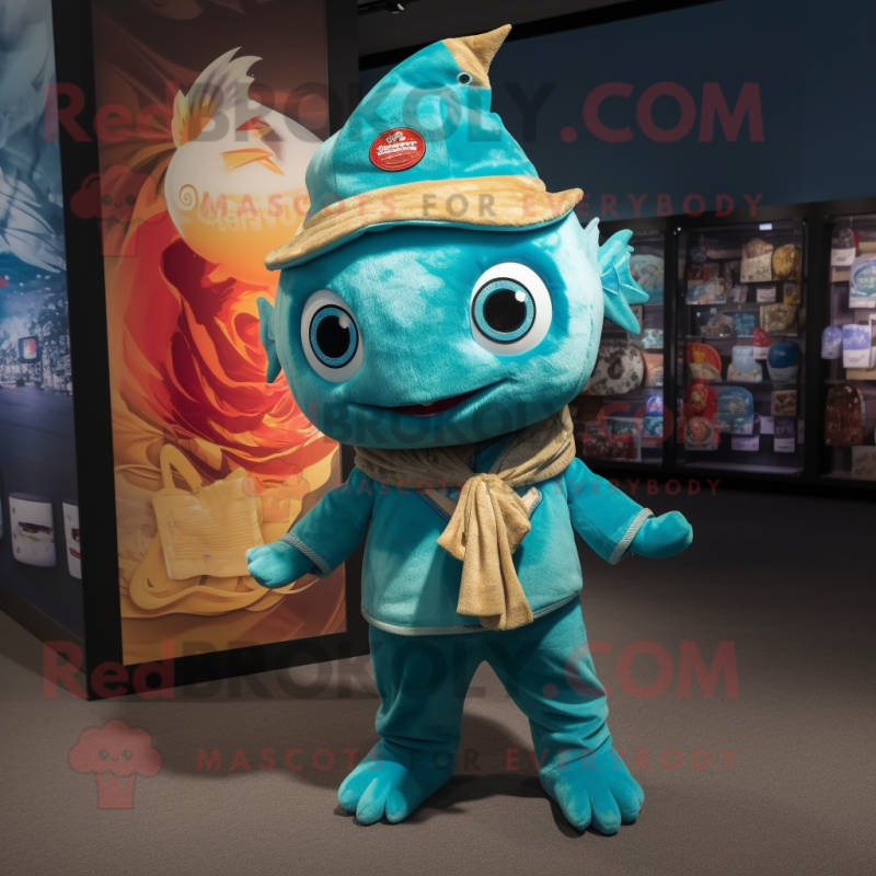 Turquoise Tuna mascot costume character dressed with a Flare Jeans and Coin purses