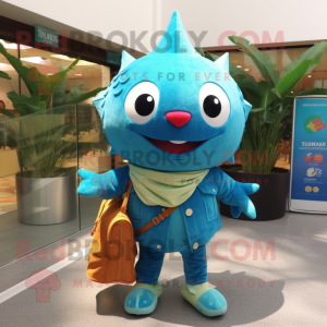 Turquoise Tuna mascot costume character dressed with a Flare Jeans and Coin purses