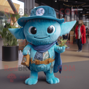 Turquoise Tuna mascot costume character dressed with a Flare Jeans and Coin purses