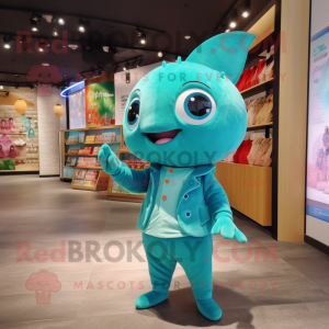 Turquoise Tuna mascot costume character dressed with a Flare Jeans and Coin purses
