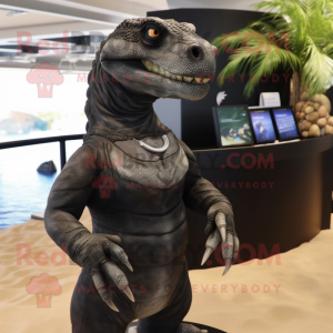 Black Komodo Dragon mascot costume character dressed with a Bikini and Earrings