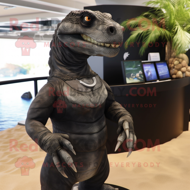 Black Komodo Dragon mascot costume character dressed with a Bikini and Earrings