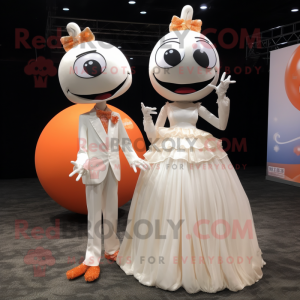Peach Stilt Walker mascot costume character dressed with a Wedding Dress and Keychains