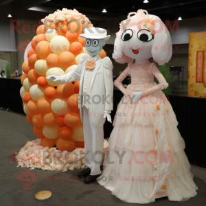 Peach Stilt Walker mascot costume character dressed with a Wedding Dress and Keychains