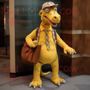 Yellow Parasaurolophus mascot costume character dressed with a Corduroy Pants and Pocket squares