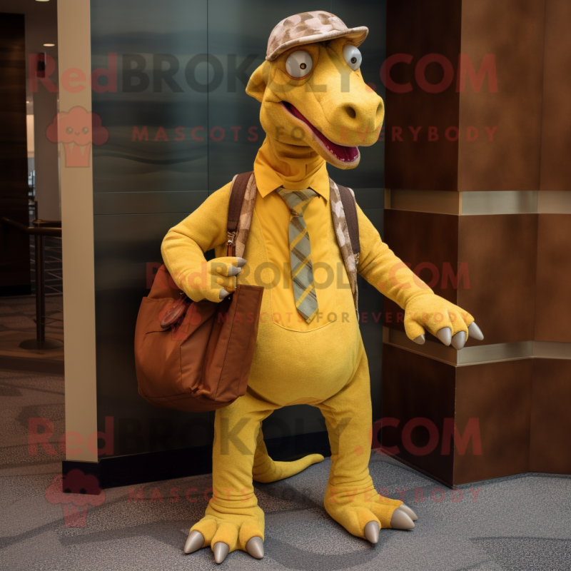 Yellow Parasaurolophus mascot costume character dressed with a Corduroy Pants and Pocket squares Yellow Parasaurolophus mascot costume character dressed with a Corduroy Pants and Pocket squares