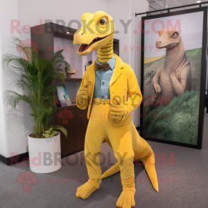 Yellow Parasaurolophus mascot costume character dressed with a Corduroy Pants and Pocket squares
