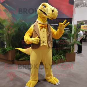 Yellow Parasaurolophus mascot costume character dressed with a Corduroy Pants and Pocket squares