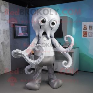 Silver Octopus mascot costume character dressed with a Henley Tee and Hair clips