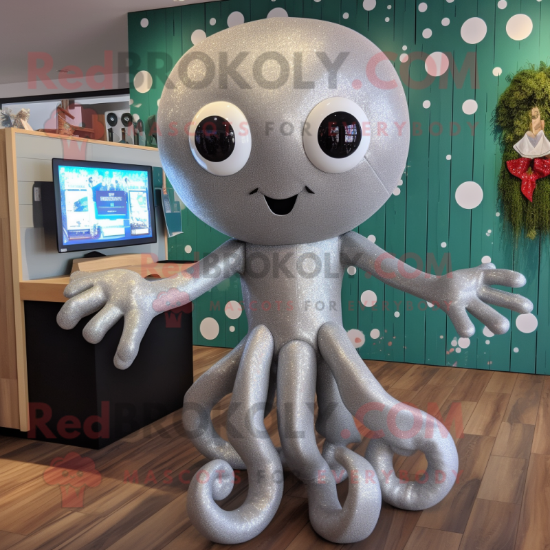 Silver Octopus mascot costume character dressed with a Henley Tee and Hair clips Silver Octopus mascot costume character dressed with a Henley Tee and Hair clips