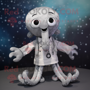 Silver Octopus mascot costume character dressed with a Henley Tee and Hair clips