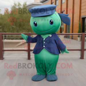 Forest Green Blue Whale mascot costume character dressed with a Pencil Skirt and Belts