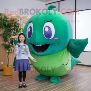 Forest Green Blue Whale mascot costume character dressed with a Pencil Skirt and Belts