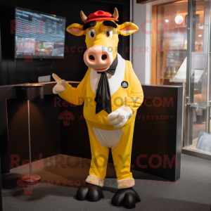Yellow Guernsey Cow mascot costume character dressed with a Tuxedo and Bracelets