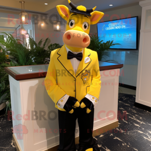 Yellow Guernsey Cow mascot costume character dressed with a Tuxedo and Bracelets
