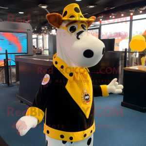 Yellow Guernsey Cow mascot costume character dressed with a Tuxedo and Bracelets