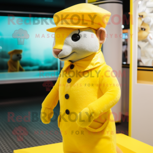 Lemon Yellow Mongoose mascot costume character dressed with a Blouse and Berets