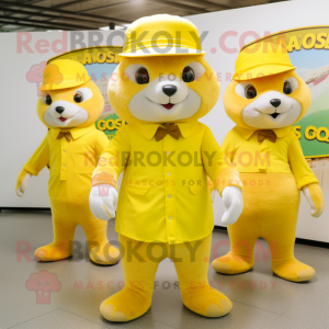 Lemon Yellow Mongoose mascot costume character dressed with a Blouse and Berets