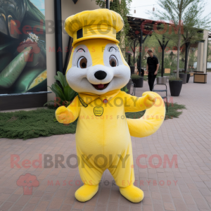 Lemon Yellow Mongoose mascot costume character dressed with a Blouse and Berets
