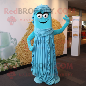 Sky Blue Pesto Pasta mascot costume character dressed with a Empire Waist Dress and Necklaces