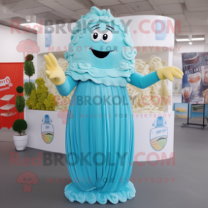 Sky Blue Pesto Pasta mascot costume character dressed with a Empire Waist Dress and Necklaces