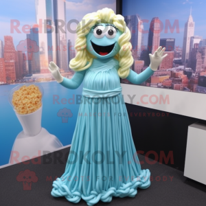 Sky Blue Pesto Pasta mascot costume character dressed with a Empire Waist Dress and Necklaces