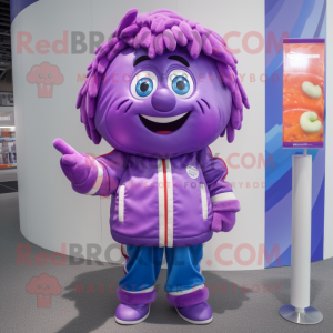Purple Candy mascot costume character dressed with a Windbreaker and Bracelets