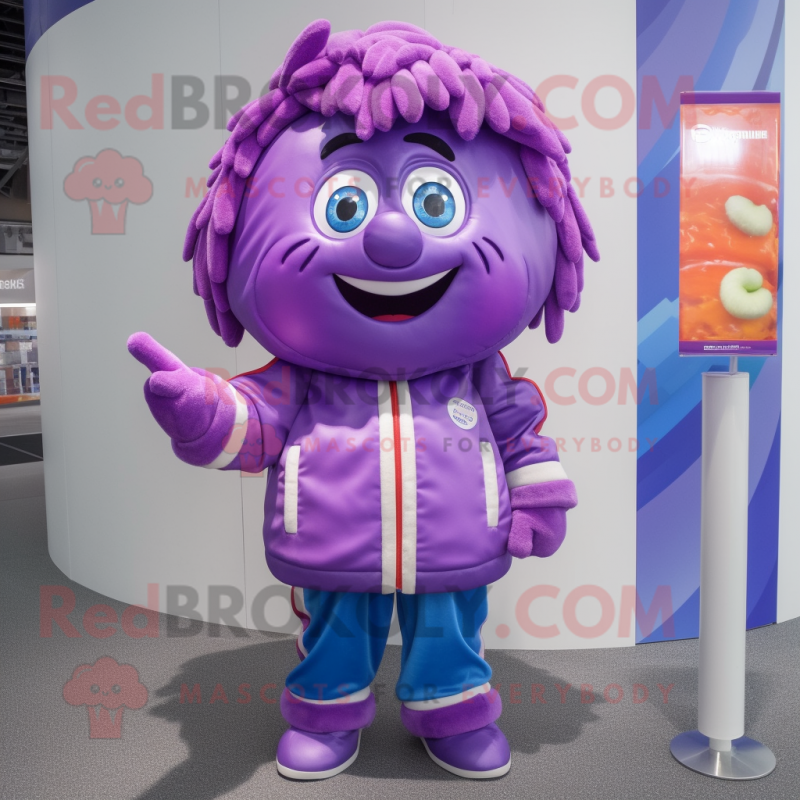 Purple Candy mascot costume character dressed with a Windbreaker and Bracelets