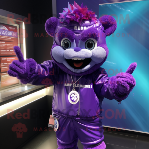 Purple Candy mascot costume character dressed with a Windbreaker and Bracelets