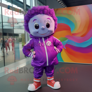 Purple Candy mascot costume character dressed with a Windbreaker and Bracelets