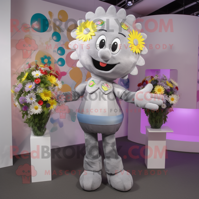 Silver Bouquet Of Flowers mascot costume character dressed with a Trousers and Pocket squares Silver Bouquet Of Flowers mascot costume character dressed with a Trousers and Pocket squares