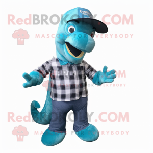 Cyan Diplodocus mascot costume character dressed with a Flannel Shirt and Hats