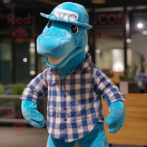 Cyan Diplodocus mascot costume character dressed with a Flannel Shirt and Hats