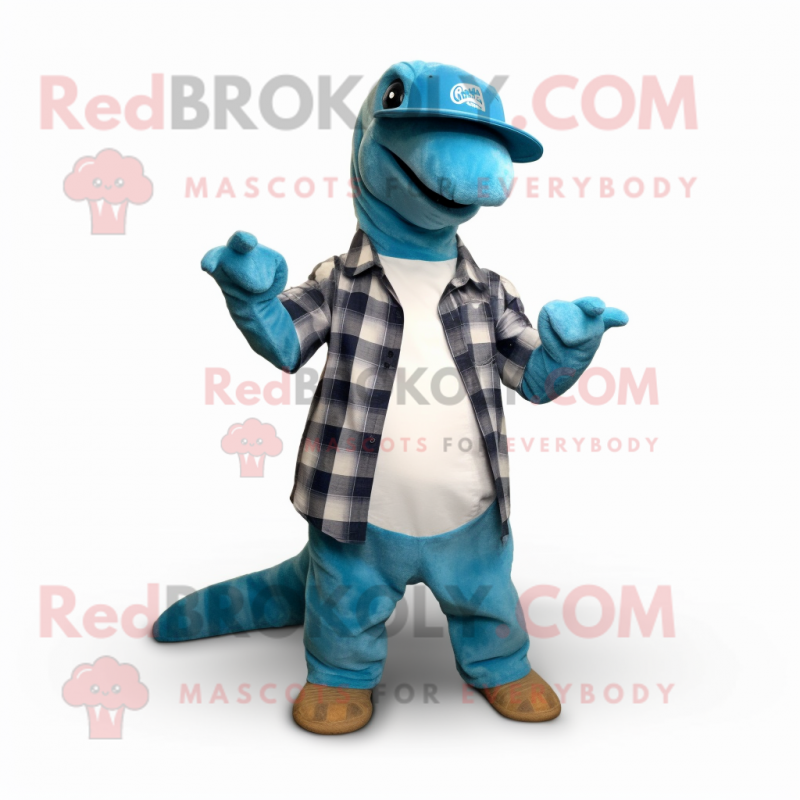 Cyan Diplodocus mascot costume character dressed with a Flannel Shirt and Hats