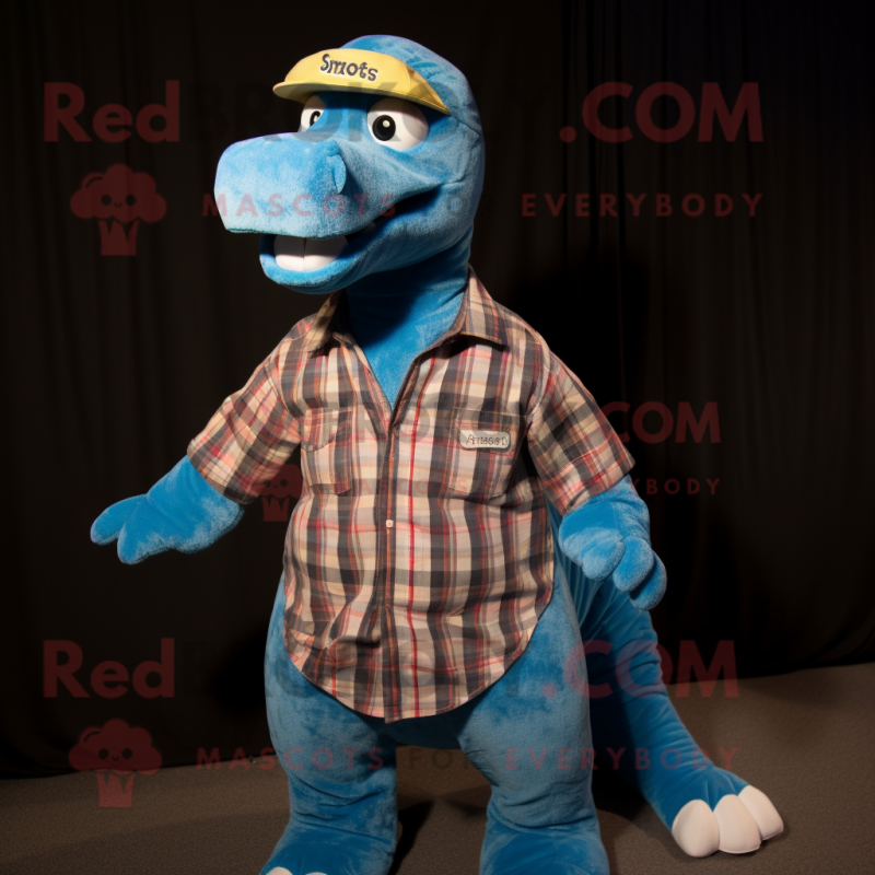 Cyan Diplodocus mascot costume character dressed with a Flannel Shirt and Hats