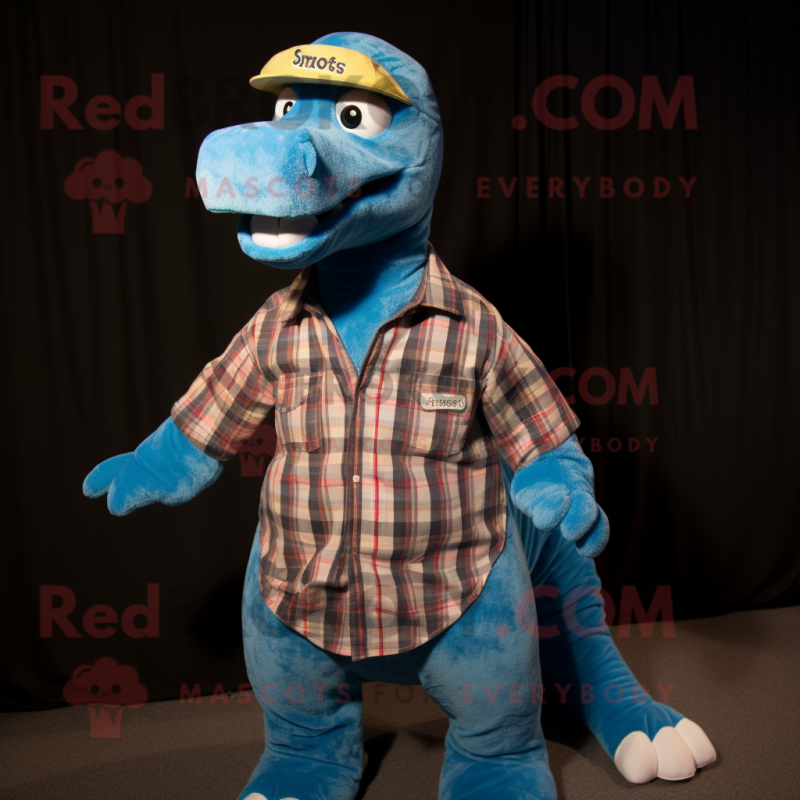 Cyan Diplodocus mascot costume character dressed with a Flannel Shirt and Hats Cyan Diplodocus mascot costume character dressed with a Flannel Shirt and Hats