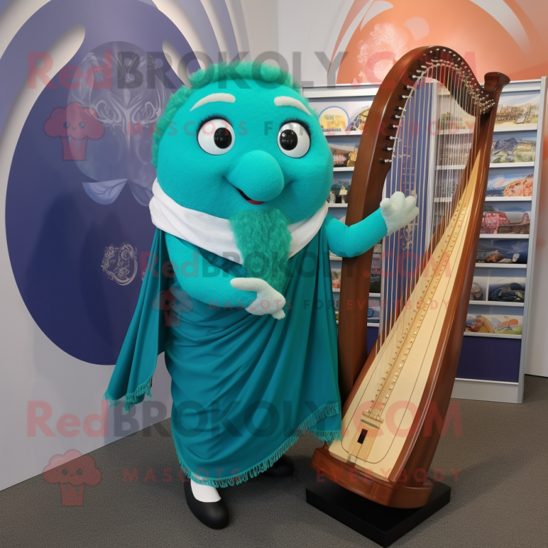 Turquoise Celtic Harp mascot costume character dressed with a Poplin Shirt and Lapel pins Turquoise Celtic Harp mascot costume character dressed with a Poplin Shirt and Lapel pins