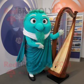 Turquoise Celtic Harp mascot costume character dressed with a Poplin Shirt and Lapel pins