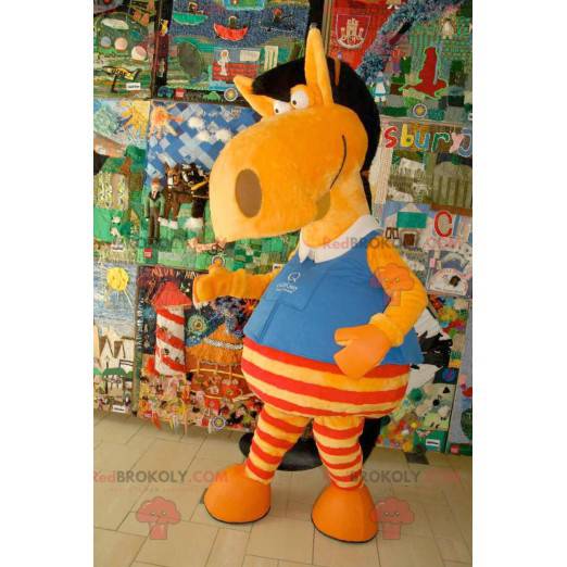 Mascotte cavallo rosso e nero arancione divertente e colorato -