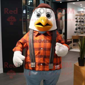Rust Penguin mascot costume character dressed with a Flannel Shirt and Digital watches